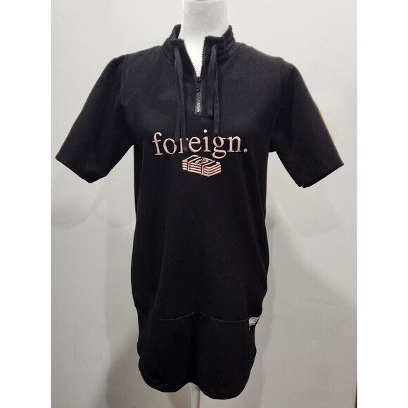 PINK + Dolphin Black "foreign." Short Sleeve Sweatshirt Tunic Dress, Medium - Picture 1 of 9